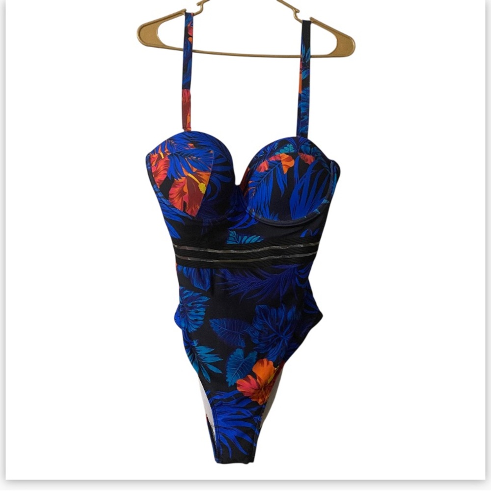 SHEIN Blue and Orange One Piece Swimsuit with Tropical Print